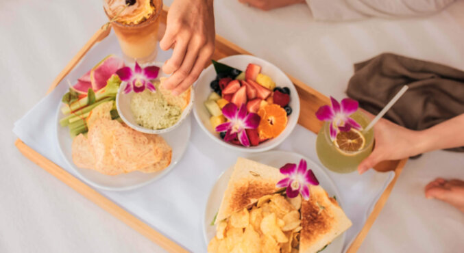 Overhead view of meals from Halepuna Poolside Lounge